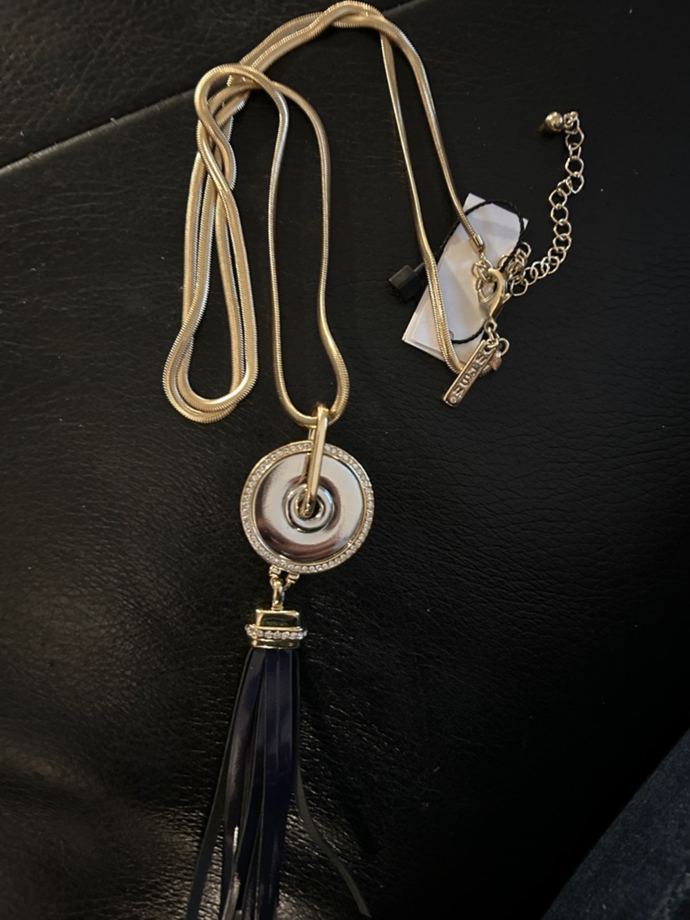 Chico's Gold-Tone Disc Necklace with Black Tassel NWT